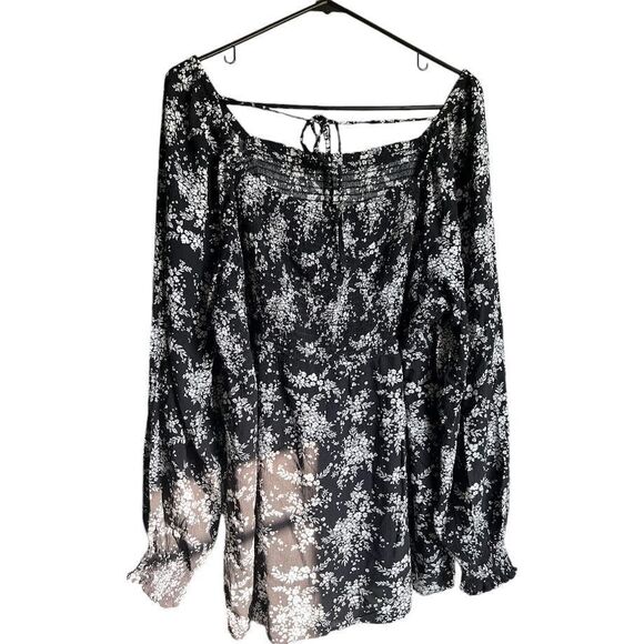 Sonoma Womens Maternity XXL‎ Elastic Smocked Blouse Black Floral Print Wide Neck - Picture 3 of 6